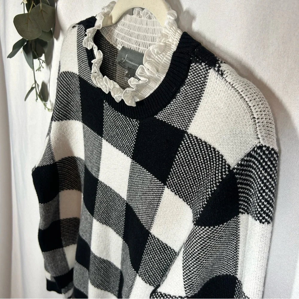 Anthropologie | Plaid Ruffle Collar Pullover Sweater Black White Women’s Size L - Picture 8 of 14